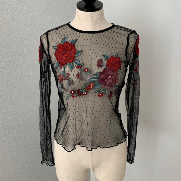 American Eagle Sheer Mesh Long Sleeve Blouse with Floral Embroidery- Size S - Picture 1 of 5